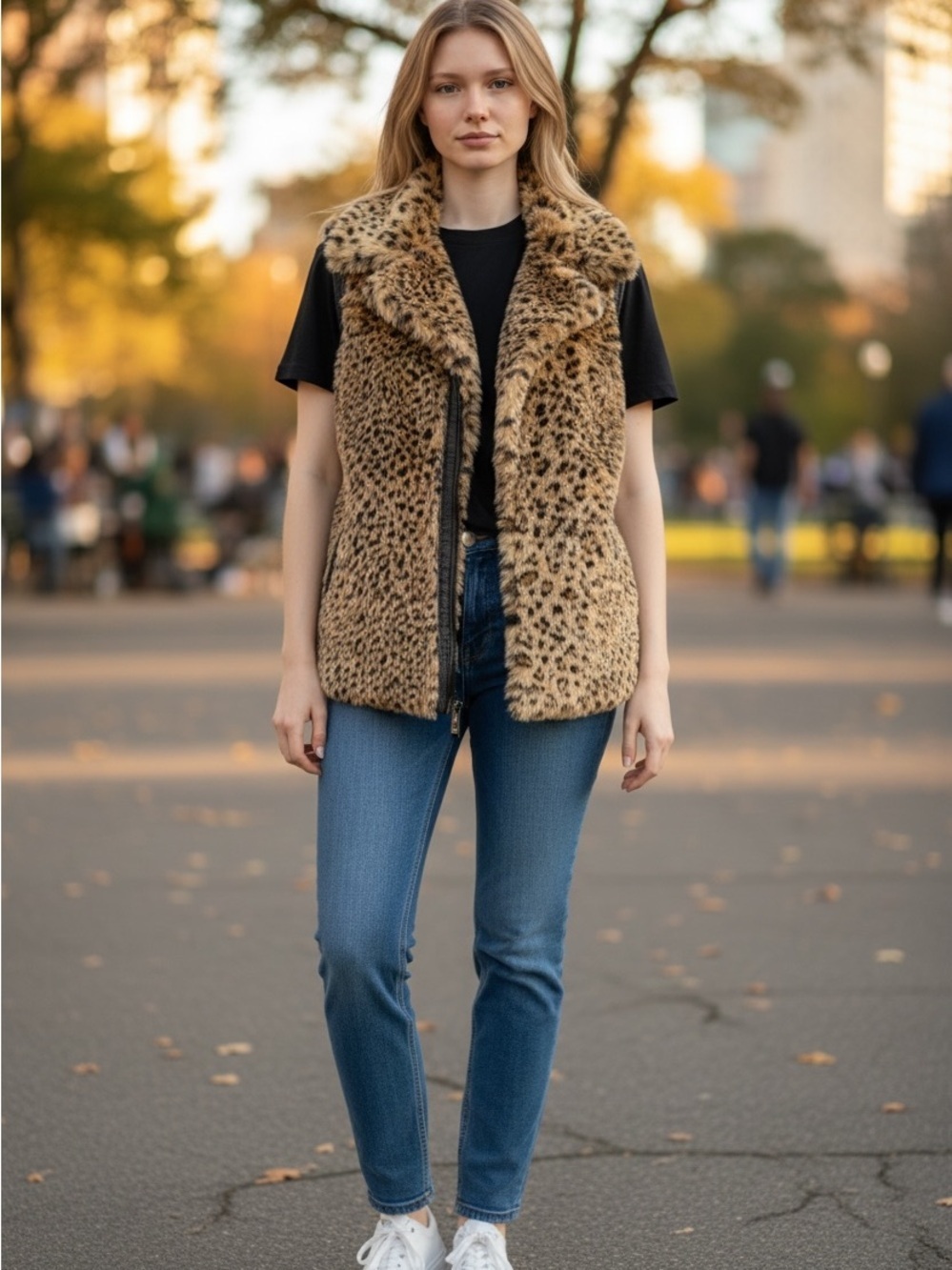 East 5th Leopard Print Faux Fur Vest in Tan and Black